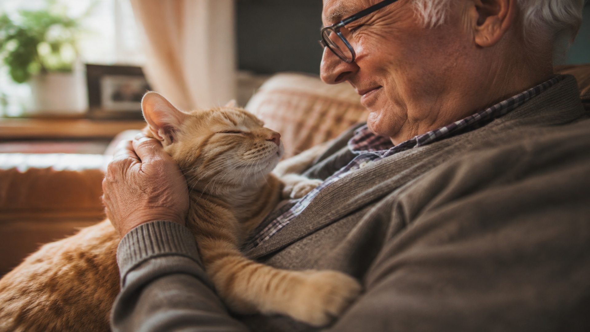 Uomo anziano abbraccia il suo gatto sul divano