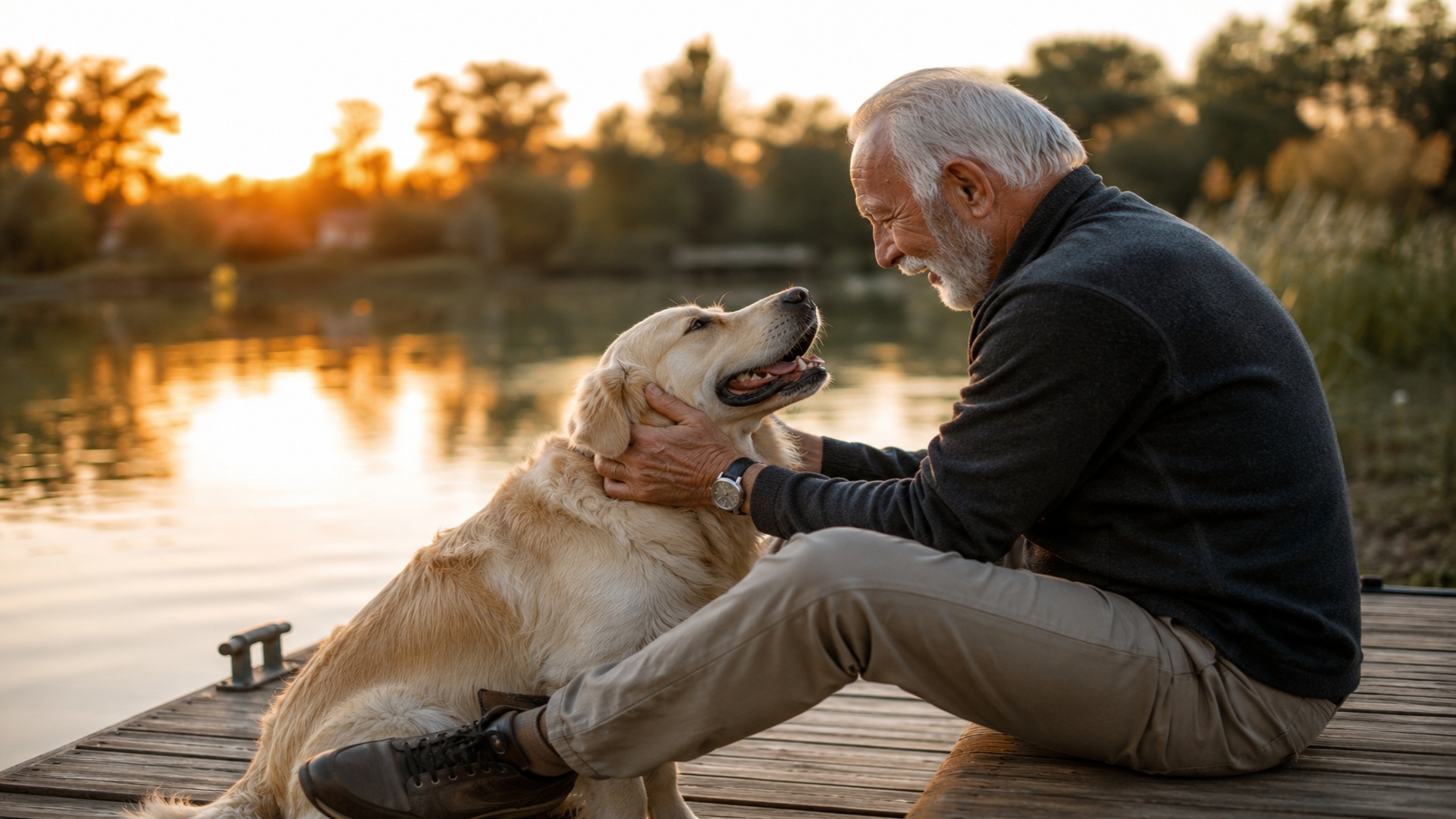 Uomo anziano accarezza il suo cane al tramonto sul lago