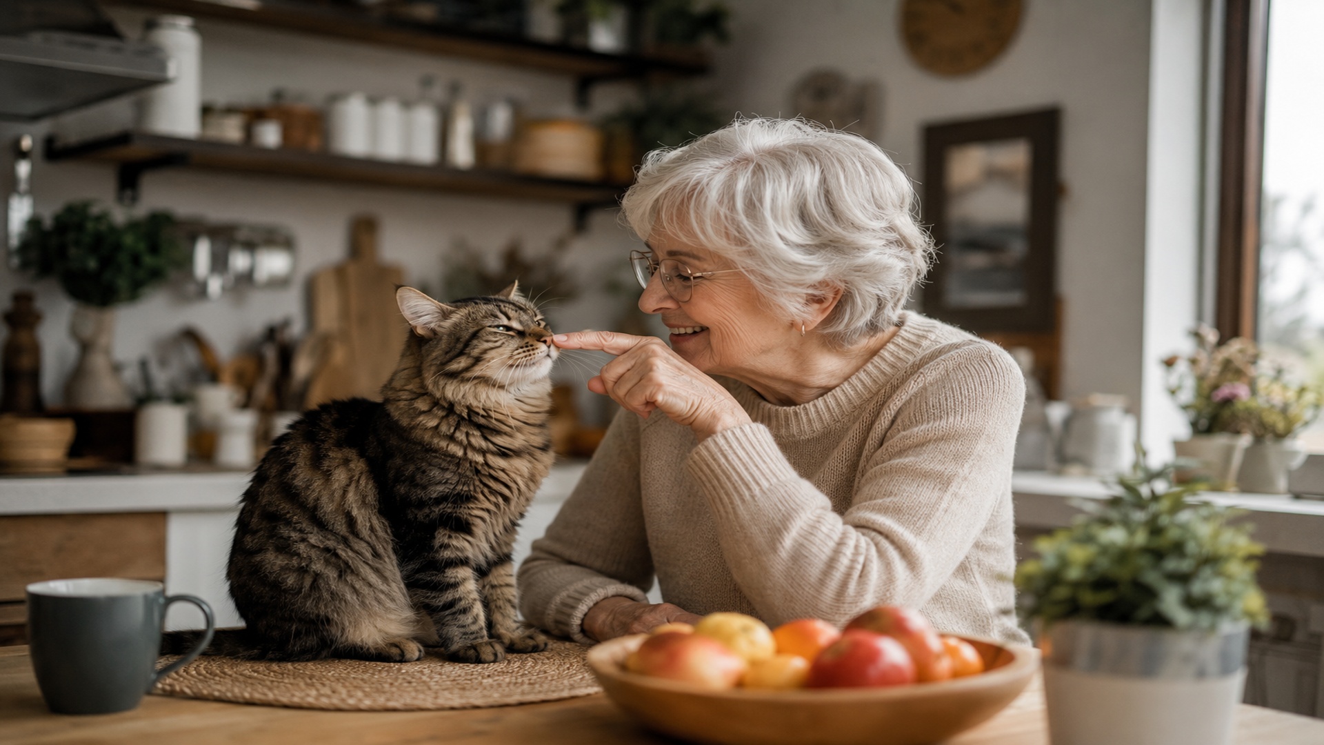 Donna anziana gioca con il suo gatto in cucina