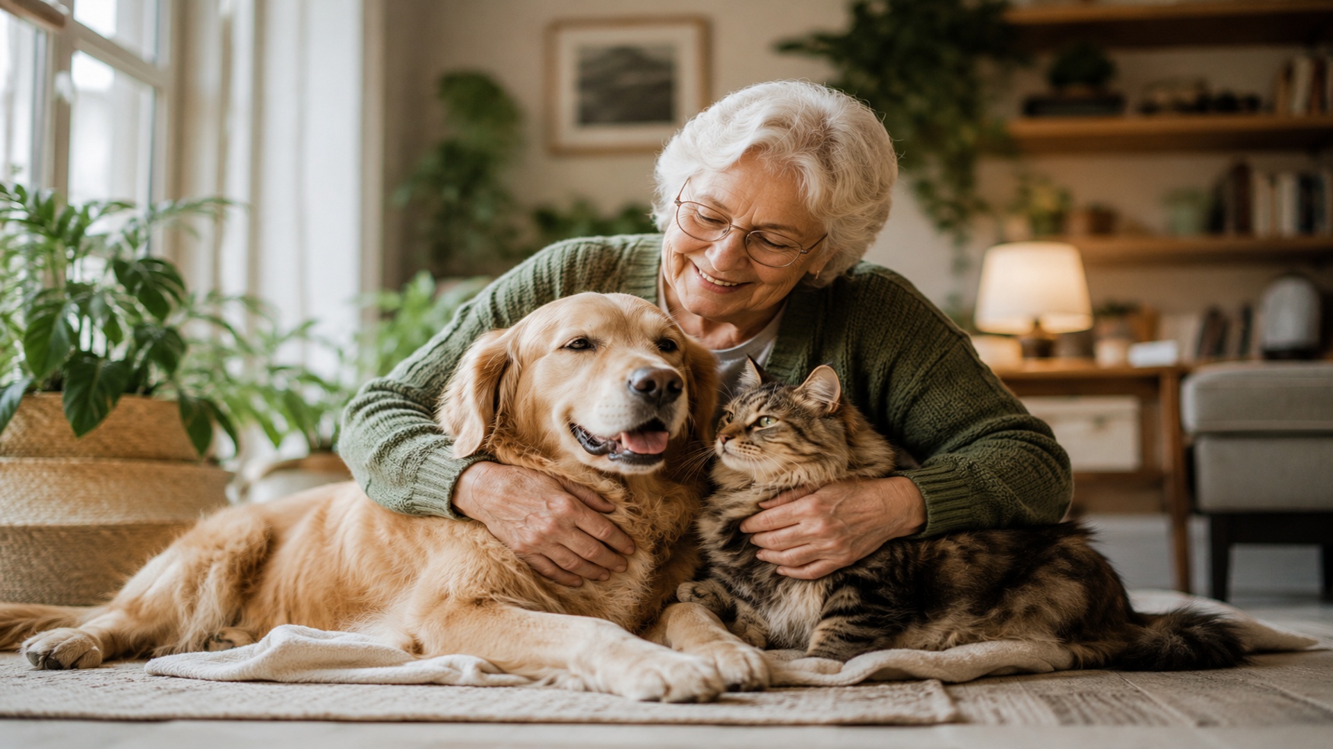 Donna anziana abbraccia il suo cane e il suo gatto in salotto
